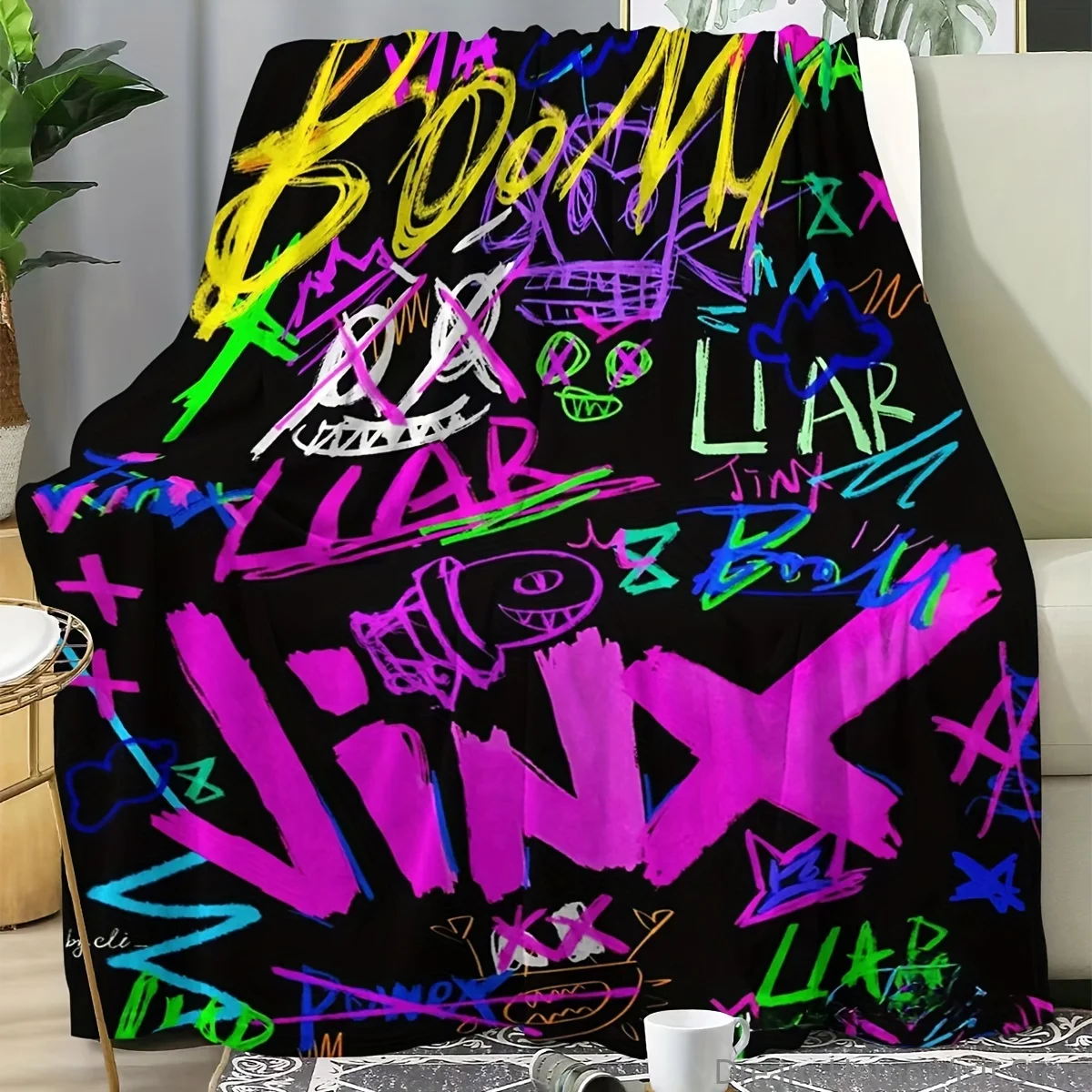 1PC Contemporary Graffiti Style Flannel Throw Blanket, Jinx & Boom Character Print, Multipurpose for Couch, Bed,Travel & Camping