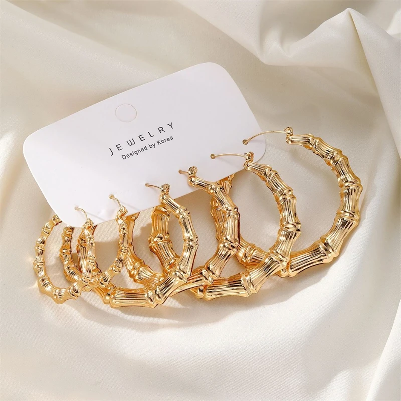 Punk Gold Farbe Größere Bambus Creolen für Frauen Geometrische Große Runde Kreis Metall Übertreiben Ohrringe Partei Schmuck Geschenke