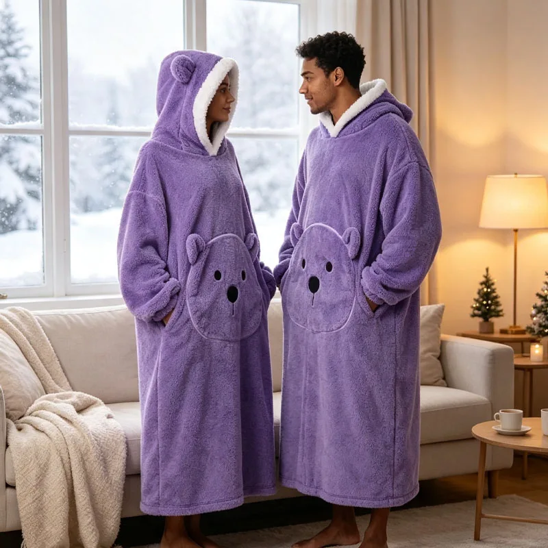Winter Long Sleeves Extra Thick Plush Hooded Wearable Blanket for Couple Outdoor Home Lounge Camping with Bear Pocket