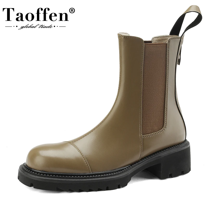 Taoffen Fashion Chelsea Boots For Women Genuine Leather Block Heel Platform Slip On Street Style Flat Work Shoe Lady Ankle Boots