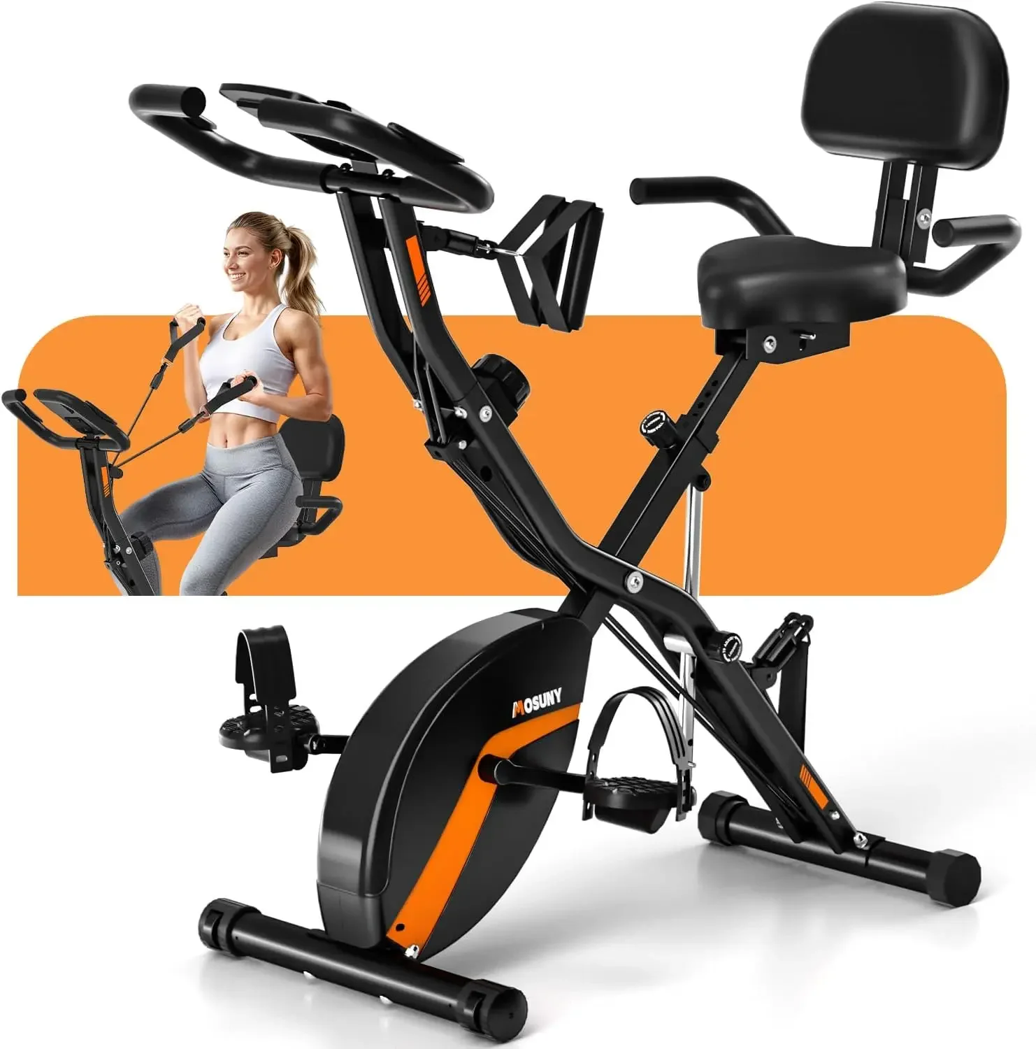 Bike, MOSUNY 5-in-1 Stationary Bike With 10DB Super-Silent, Folding Exercise Bike with 16-Level Adjustable Magnetic Res