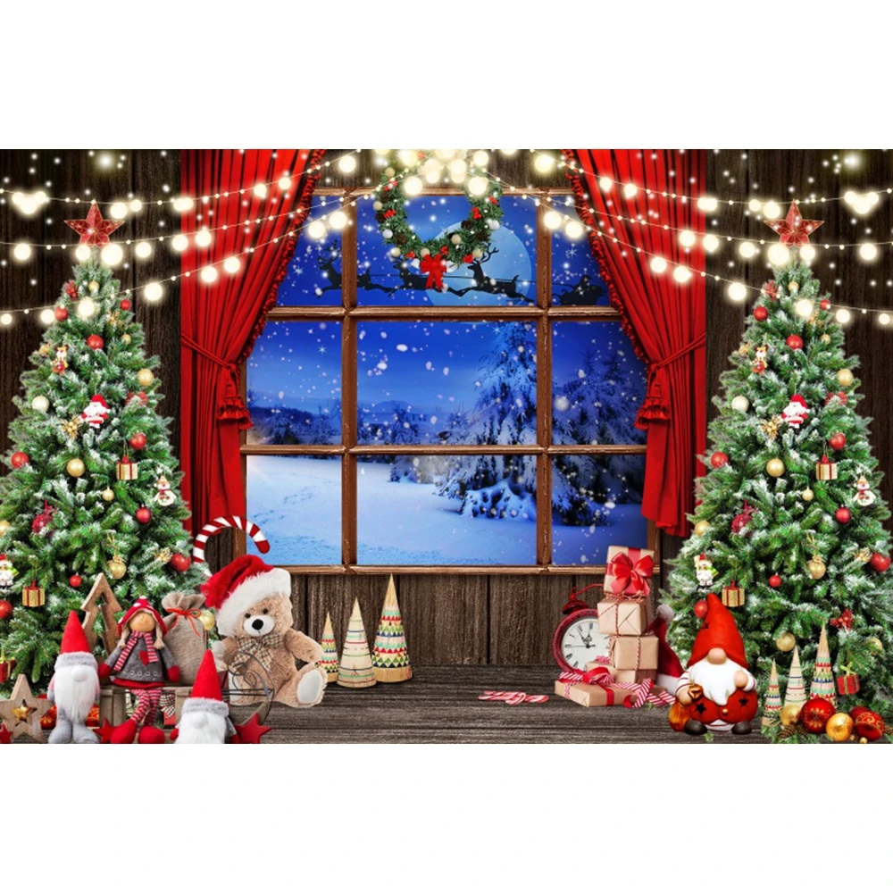 Christmas Tree Fireplace Backdrop Xmas Gifts Wreath Bell Brick Wall Kids Portrait Family Party Photography Background Room Decor