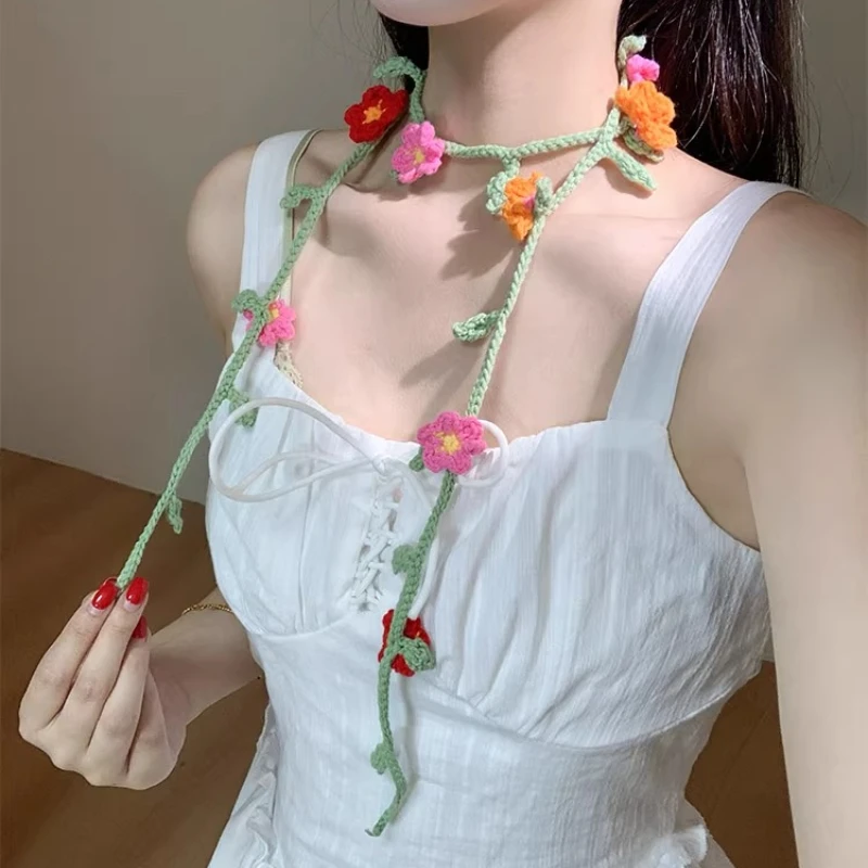 Korean Personality Sweet Flower Hand-woven Choker for Women Spring and Summer Travel Fashion Versatile Niche Thin Long Scarf