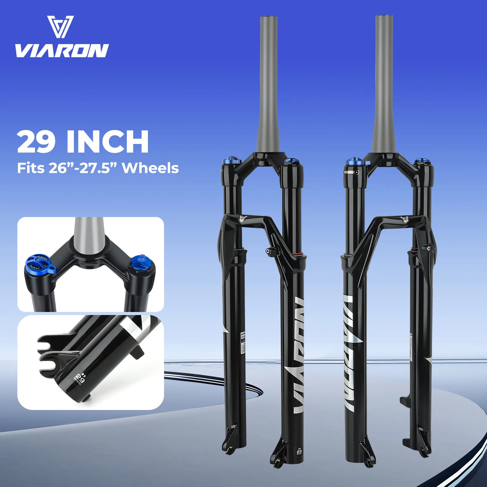 

VIARON Mountain Bicycle Air Fork 26/27.5/29 Inch Tapered Tube Suspension Fork Travel 115mm Rebound 9x100mm Quick Release MTB
