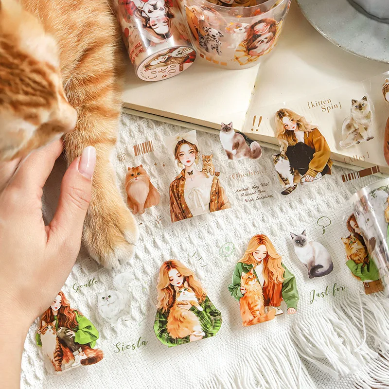 1Roll Girl Cat Dog Theme Washi Tape Stickers, Cartoon Character Pet Tape for Journal Kuka DIY Decor