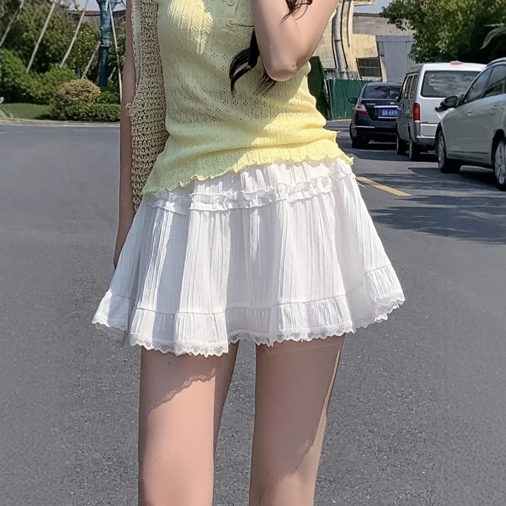 TFETTERS Korean Pleated Mini Skirt Ladies Elastic Waist Lace Ruffle Swing Skirt Summer Lightweight Sweet A Line Short Skirt