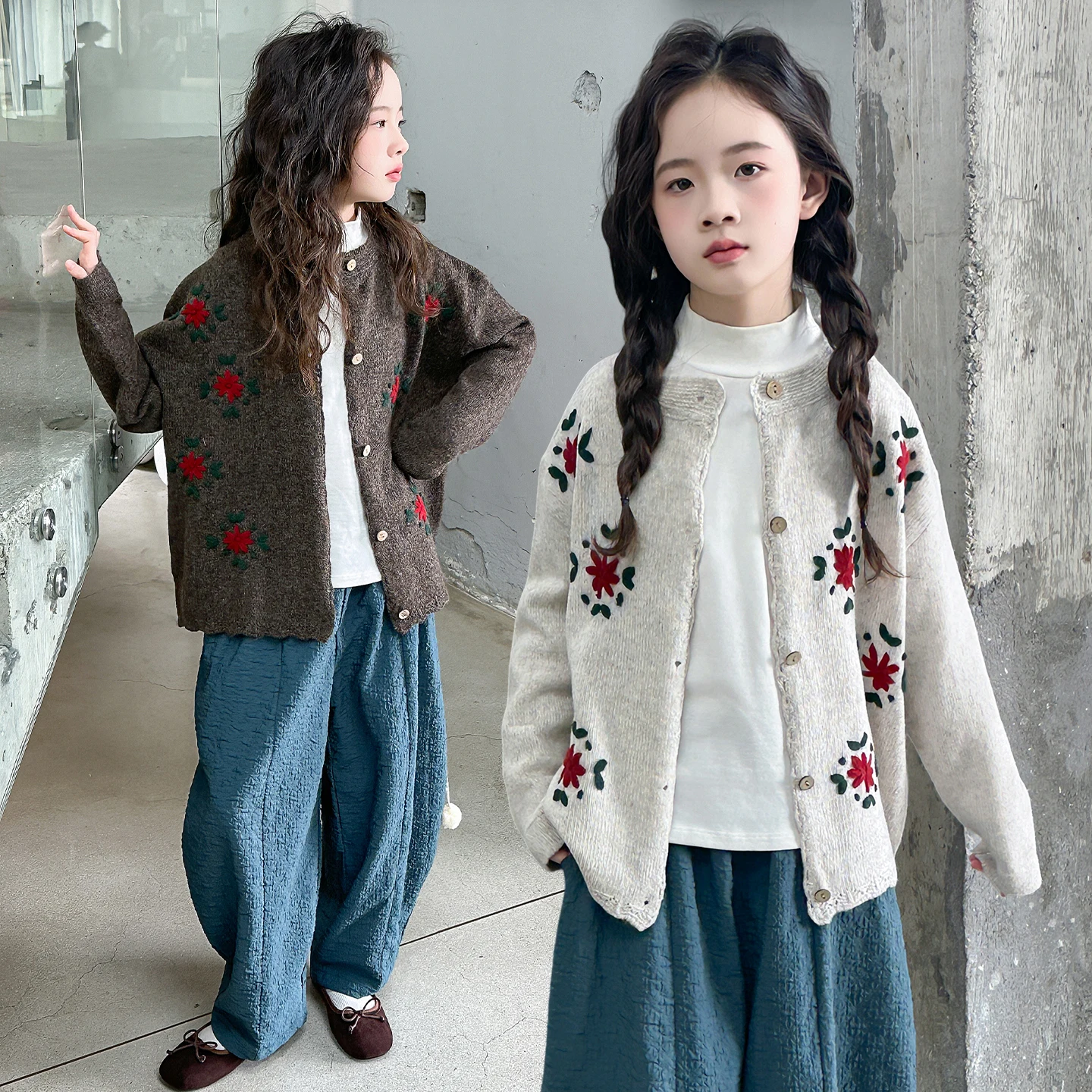 

Spring Autumn Kids Children Fashion Sweater Coat Flower Knitted Cardigan with Embroidery for Tween Girl Slim Fit Floral Knitwear