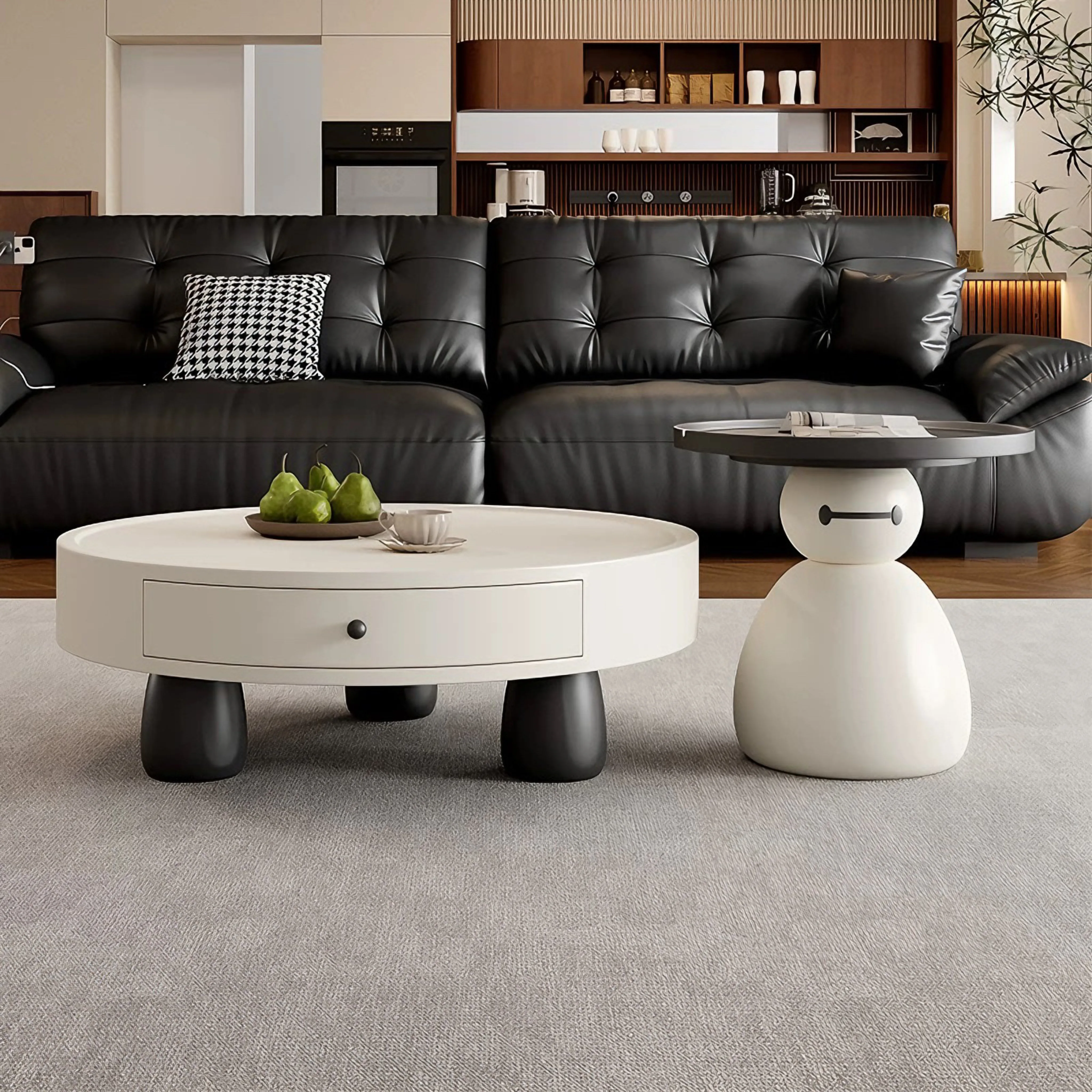 #Modern Home Living Room Solid Wood Panel Round Top Coffee Table with Durable Storage E0 Level 2-Year Warranty