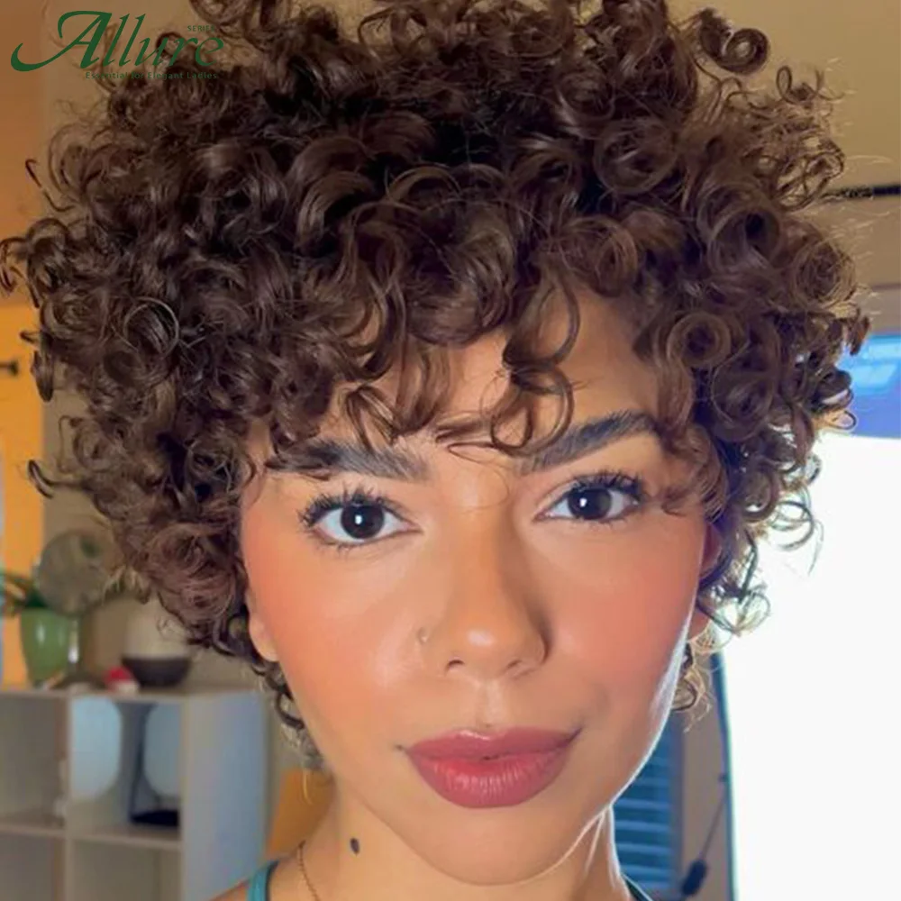 Short Brown Afro Curly Human Hair Wigs With Bangs Black Women Natural afro Wig Brazilian Hair Wear to Go Glueless Wigs Allure