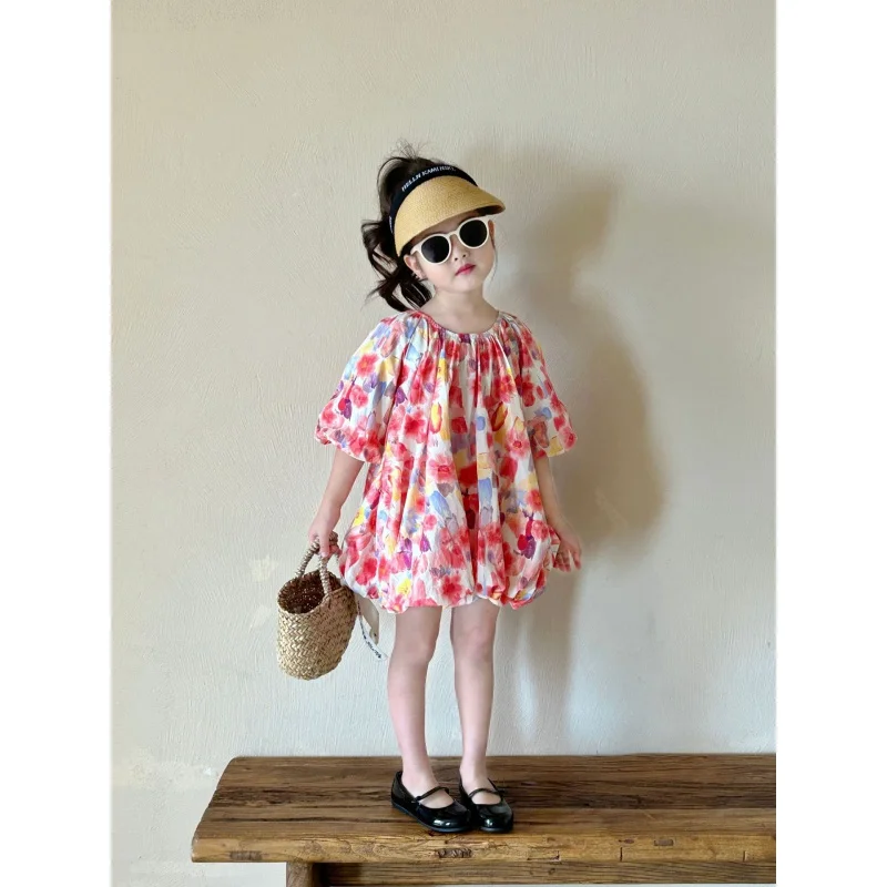 

Girls' Dress2024Summer New Little Girl2-7Year-Old Colorful Skirt Children's Short Sleeve Dress Western Style