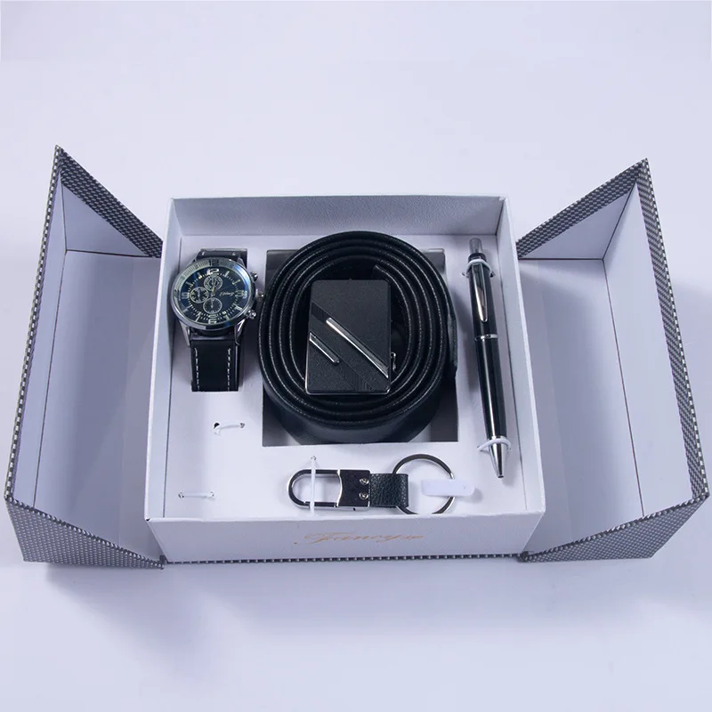 New Fashion Watch Men’s Gift Set Wallet Belt Keychain Cufflinks Ballpoint Pen Quartz Wristwatches Men Gift Box Gifts for Him