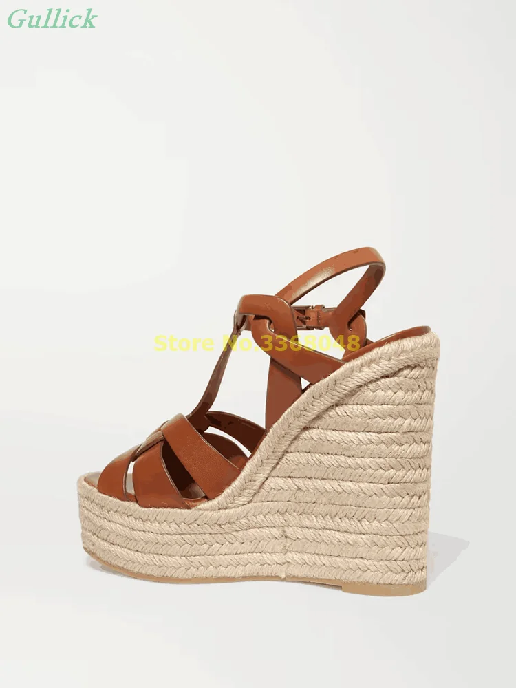 Woven Leather Espadrille Wedge Sandals Platform Open Toe Strappy Fashion Women Shoes Black Brown Summer Sandals