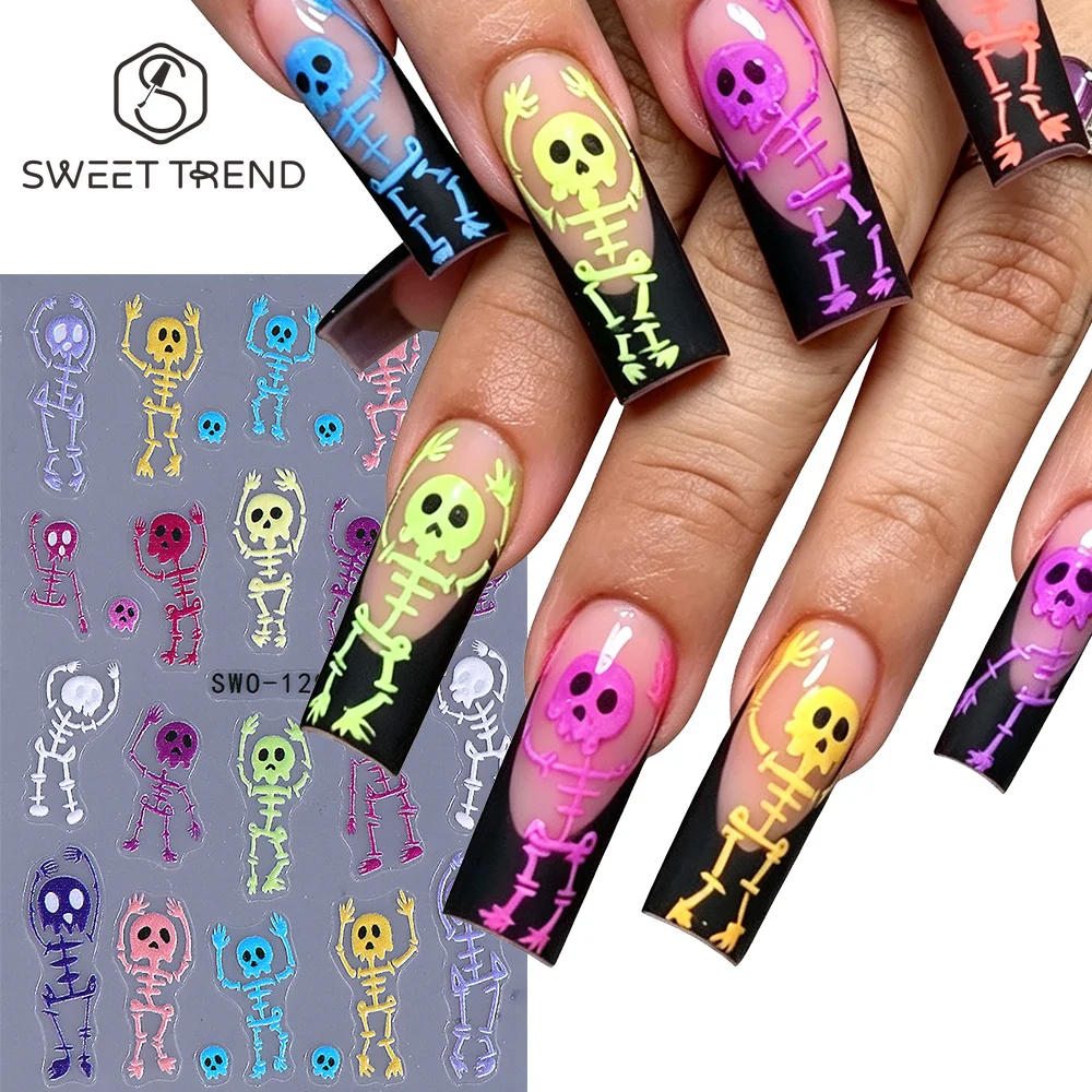 SWEET TREND-1/2 Stück Halloween-Nagelaufkleber, 5D geprägte bunte Skelett-Totenkopf-Nagelaufkleber für Frauen, DIY-Maniküre-Dekorationszubehör