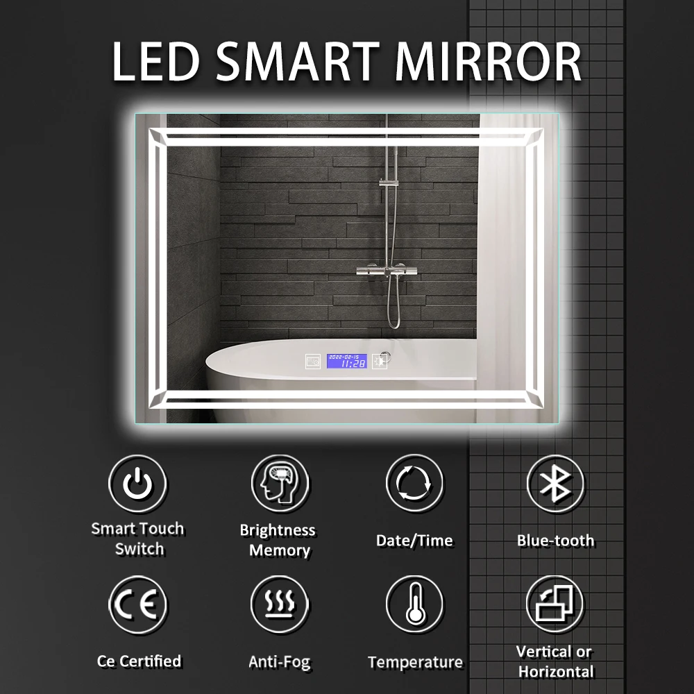 Wholesale Rectangle Shape Vertical and Horizontal Smart Human Body Sensor Touch Bathroom LED Light Mirror