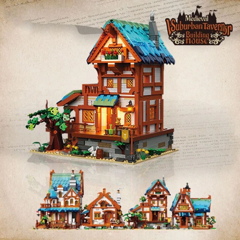 Creative City Street View Medieval Manor Post Station Blacksmith Pave Pub Mini Block Streetscape Build Brick Vintage House Toy