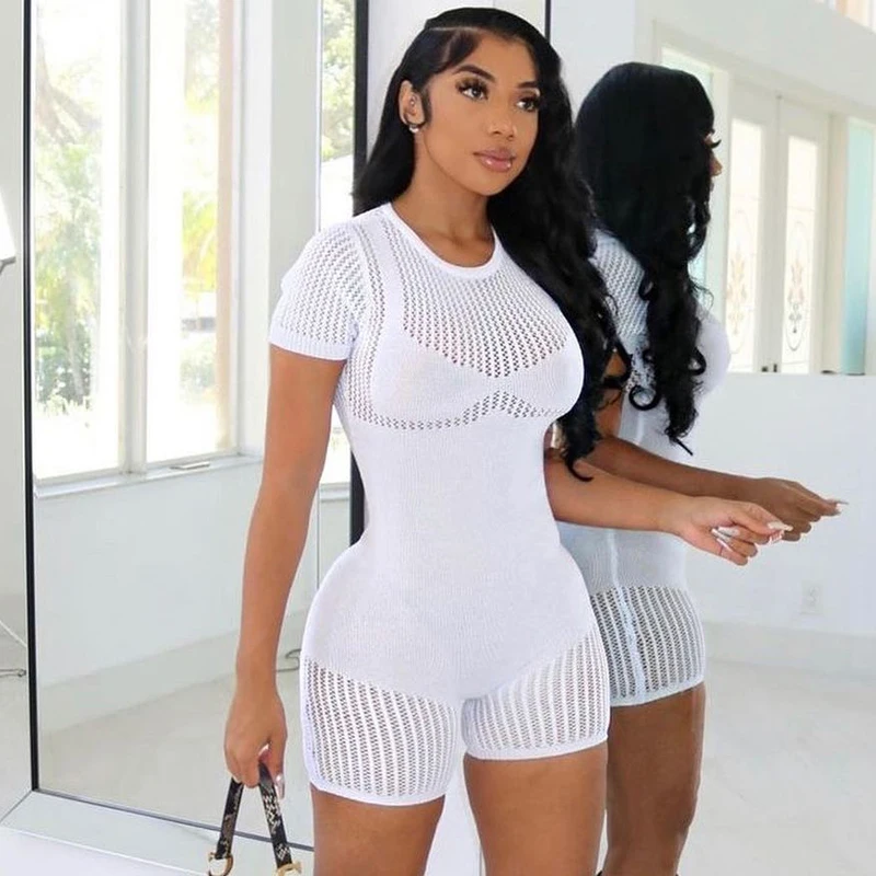 

Sexy Bodycon Solid Knitted Short Sleeve Zip Up Skinny One Piece Playsuit Summer Fashion Streetwear Sport Romper