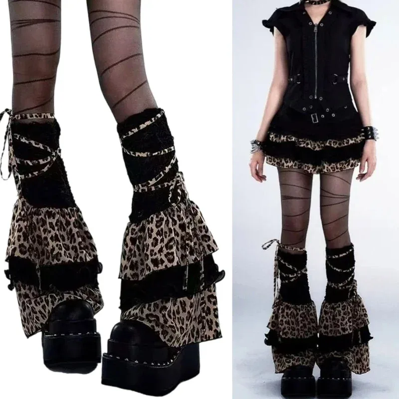 Women Harajuku Leopard Leg Warmers Tiered Ruffled Knee Length Boot Cover Flared Footless Socks Streetwear 50cm/42cm