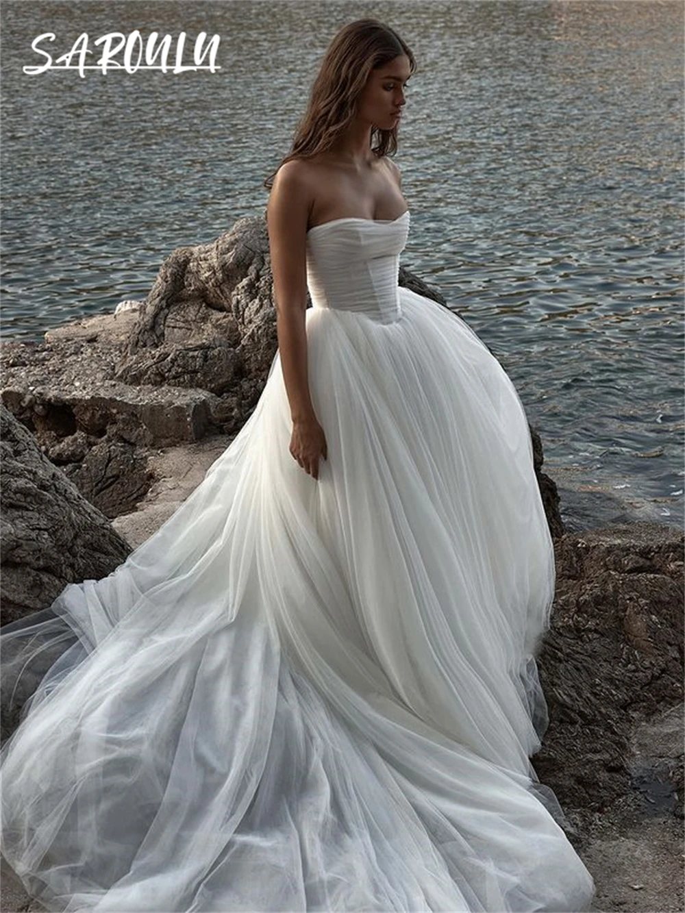 Romantic Beach Tulle Wedding Dresses for Women 2025 Strapless  A Line Customized Bride Dress Button Closure Bridal Gown