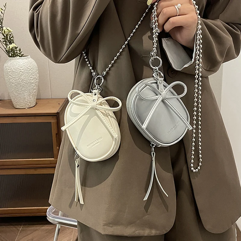 Mini Bow Oval Crossbody Bag Metal Bead Chain Shoulder Bags Leather Fashion Lipstick Jewelry Pouch Small Handbags For Women Purse