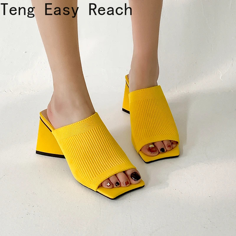 2022 New Summer sandals knitting Triangle Thick heel Slippers Sexy Street Woman Square toes Dress Party shoes black yellow