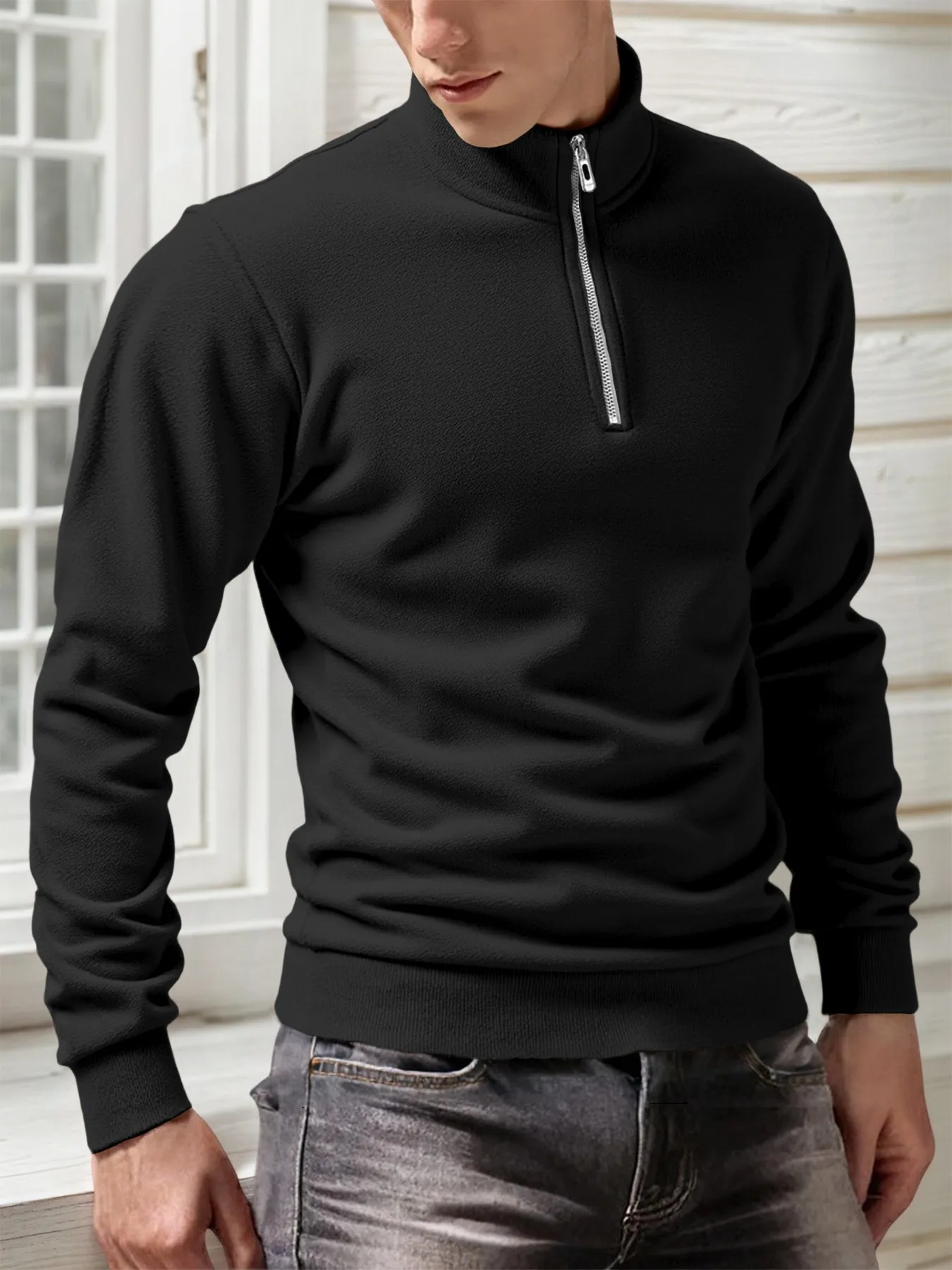 2025 الرجال بلوزات الصوف عادية بلايز نصف سستة الوقوف طوق البلوز الدافئة اليومية الأساسية فضفاضة طويلة الأكمام بلوزات #2