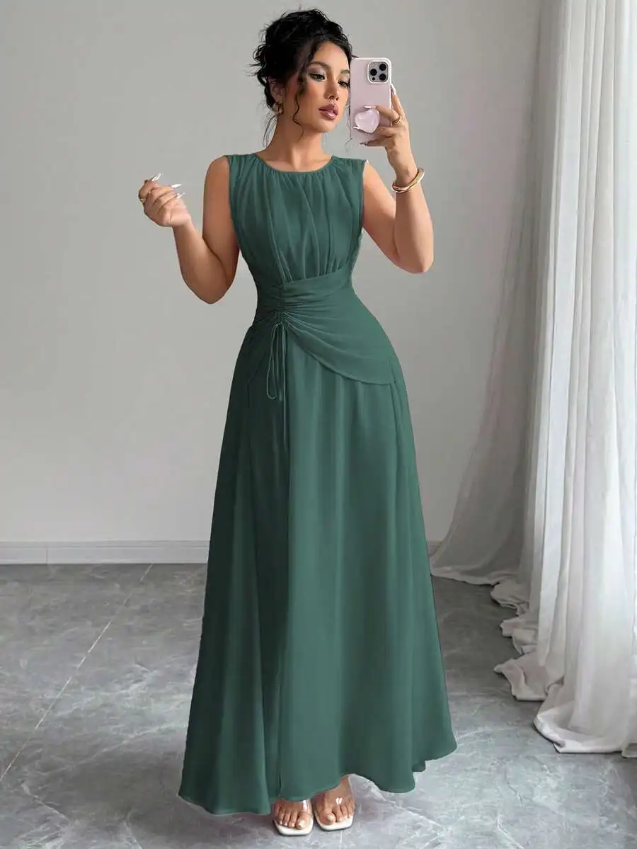 Women Mint Green Sleeveless Chiffon Maxi Dress With Drawstring Waist Elegant French Vintage Style view 4
