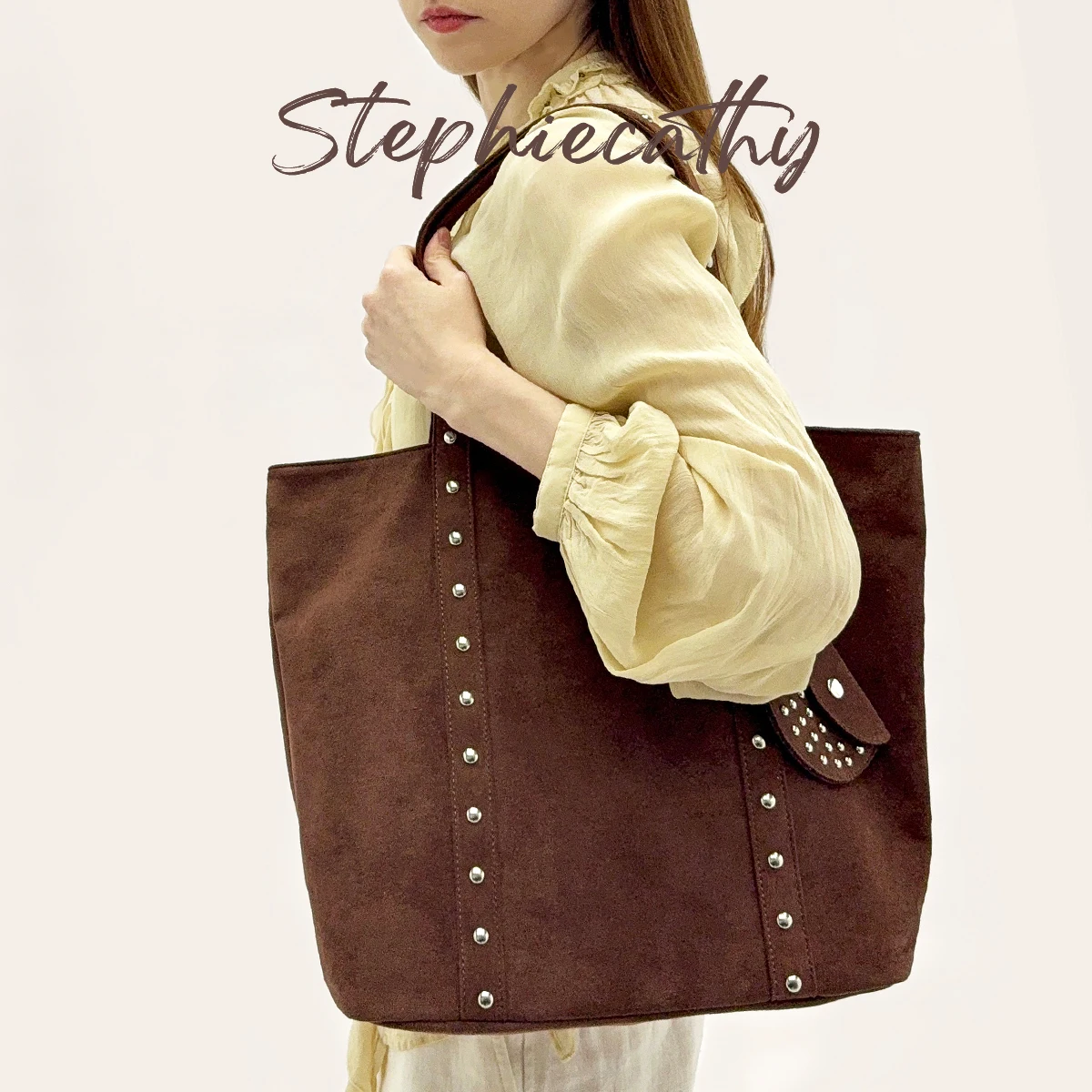 SC Luxury Rivets Decor Faux Suede Fabric Tote Bag Brand Design Zipper Closure Large Capacity Laptop Shoulder Handbag Daily Work