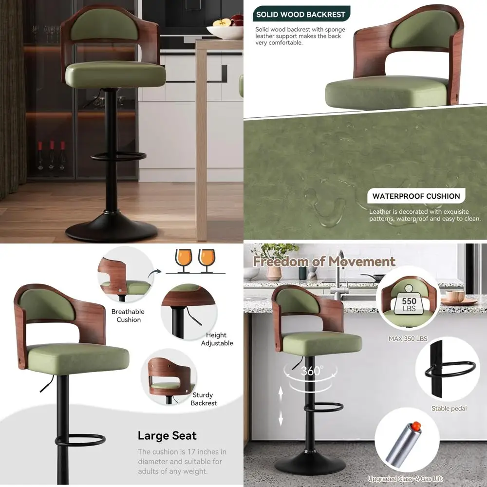 

Adjustable Height Wooden Swivel Bar Stools Set, 24.5-33.5IN, PU Leather Upholstered with Backrest and Footrest for Comfortable S