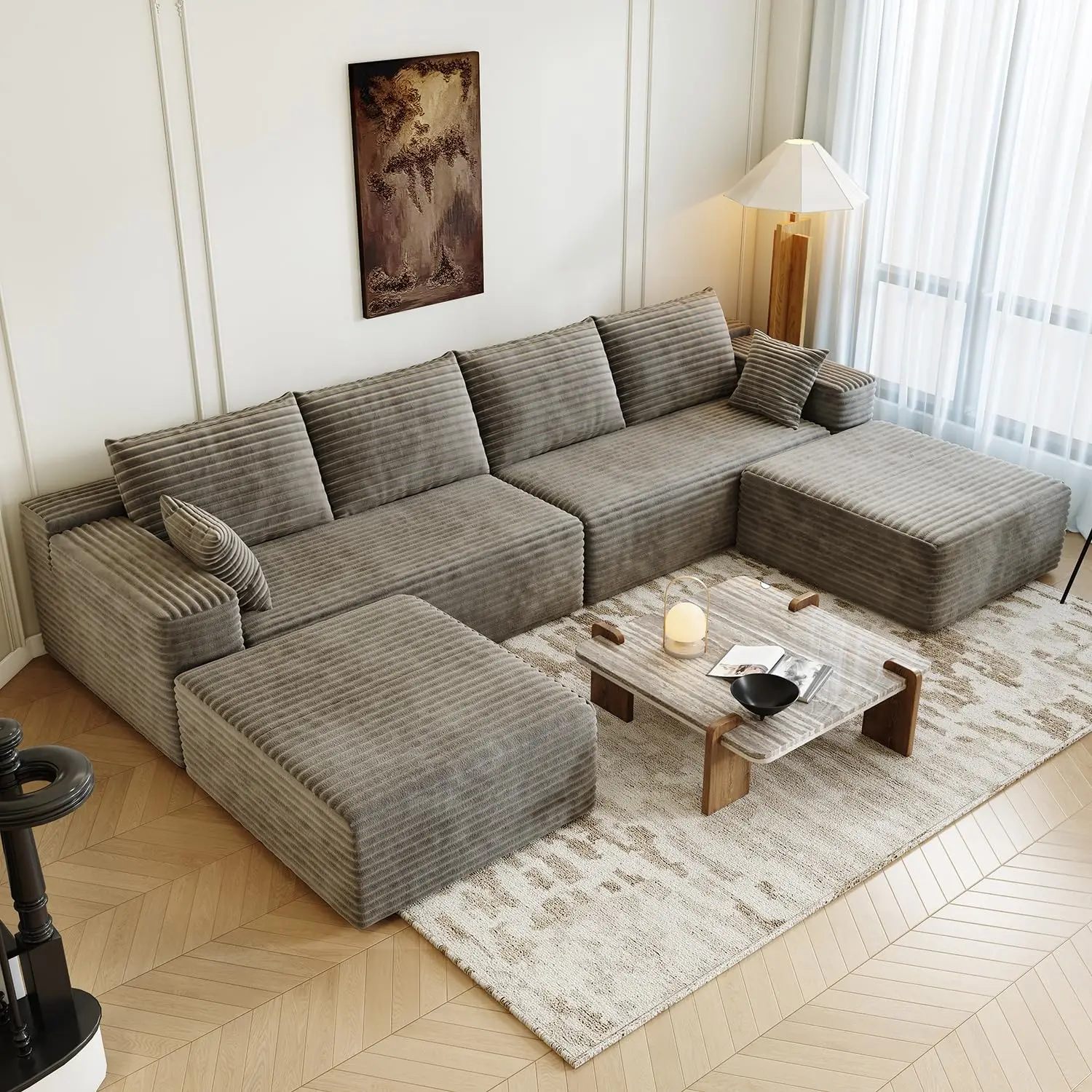 U-Shaped Modular Sectional Sofa with 2 Ottomans, Deep Seat Convertible Sleeper, Corduroy Fabric, No Assembly, 6 Seater, Camel, C