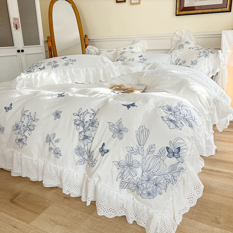 White Washed Cotton Bedding Sets Luxury Butterfly Print Lace Ruffles Duvet Cover Set Bedspread Bed Skirt Pillowcases Solid Color