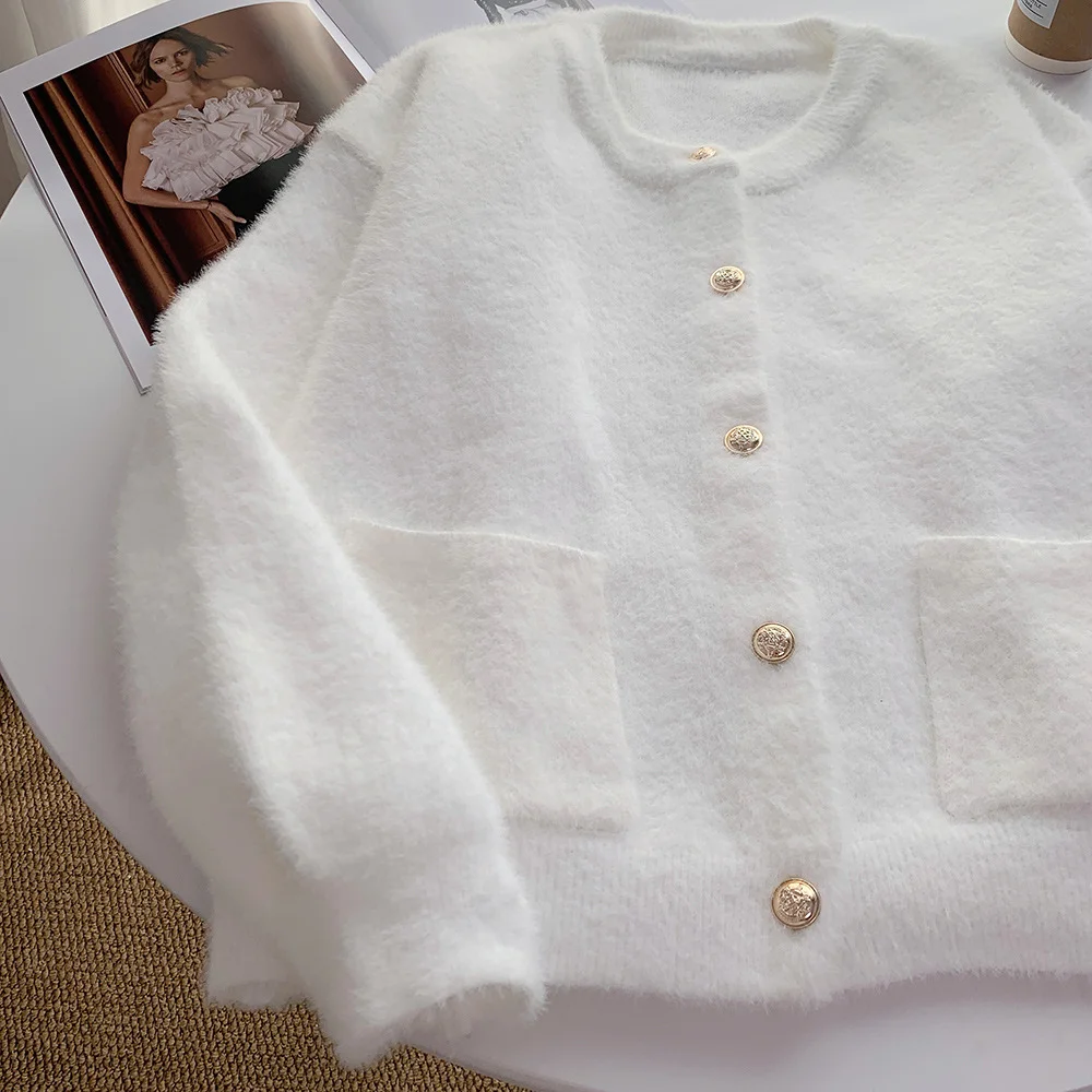 أنيقة الذهب زر سترة المرأة الخريف الشتاء س الرقبة سترة مشغولة من الصوف أعلى تنوعا تقليد فرو المنك معطف واحد الصدر