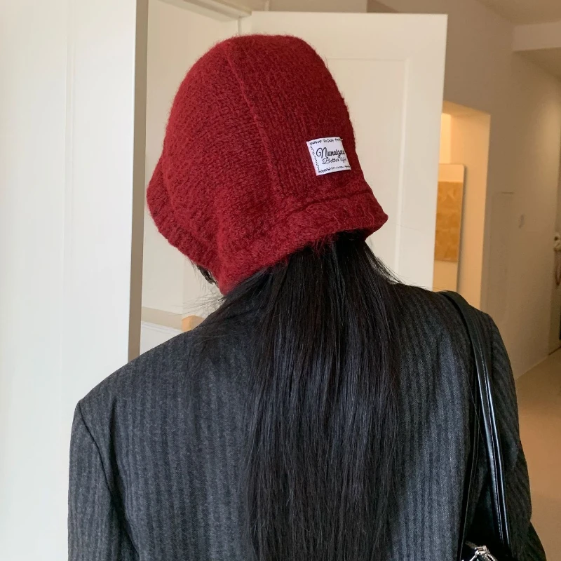 Koreanische, einfarbige, warme, dicke Pullover-Balaclava-Mütze für Herbst und Winter, Outdoor-Bombermütze mit Schnürung zum Schutz der Ohren für Damen – Detail 6