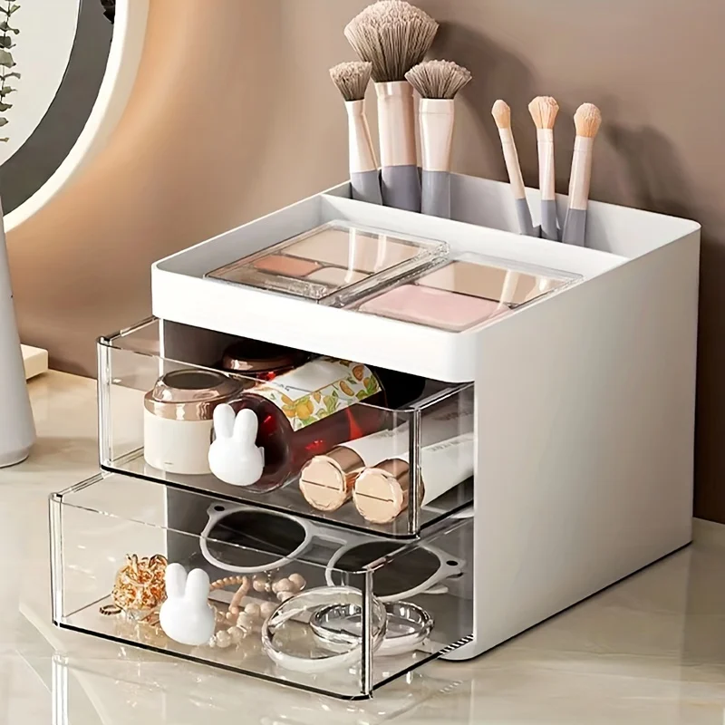 1pc Transparent Drawer Rabbit Handle Storage Box, Desk Office Stationery, Cosmetics, Eyebrow Pencil Brush, Glasses, Jewelry
