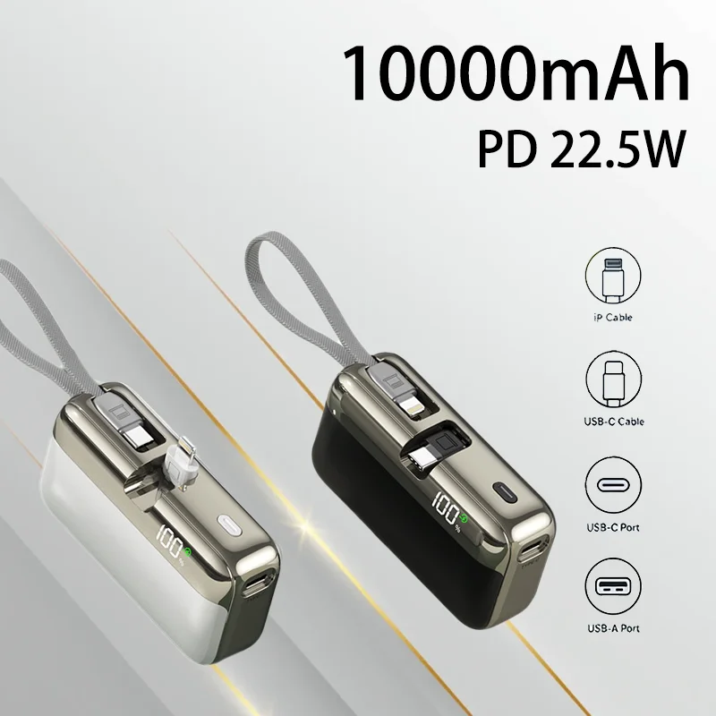 

22.5Wh 10000mAh Capsule Lipstick Size Power Bank Built in Cable Digital Display Super Fast Charging Portable External Battery