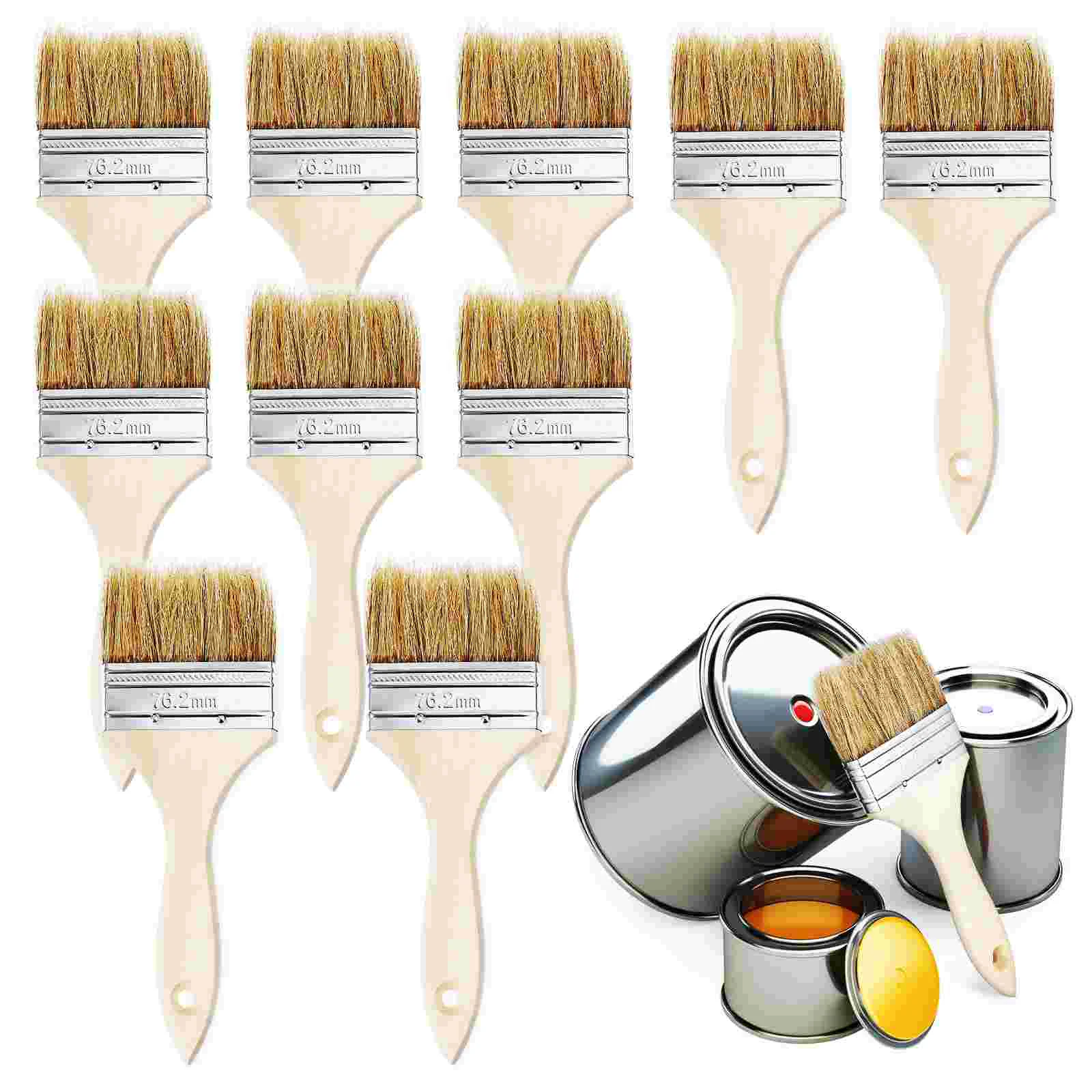 10 Pcs Pig Hair Paint Brush 633 Extended Handle 3 Inch Dense Bristles Smooth Grade BBQ Wall Craft Cleaning Oil Wood