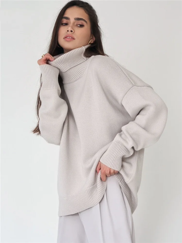 Liooil Knit Turtleneck Sweater Women Pullovers Long Sleeve Knitting Tops Female Jumper Autumn Winter Streetwear Baggy Sweaters