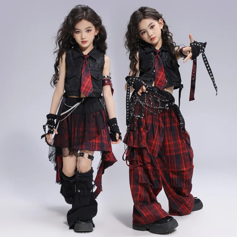 جديد الفتيات الهيب هوب الملابس أزياء الشارع الرقص المحاصيل الأعلى منقوشة السراويل تنورة المراهقين Kpop الجاز الرقص مرحلة الأداء زي #2