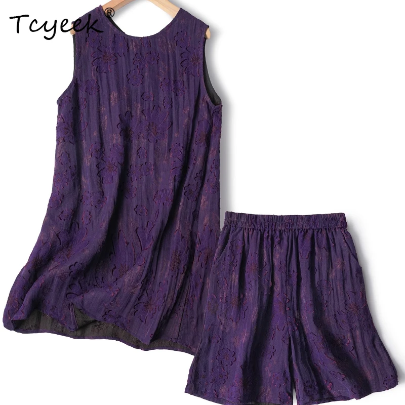

Tcyeek 100% Real Mulberry Silk Summer Thin Round Neck Sleeveless T-shirt Elastic Waist Women's Shorts Deep Purple Summer Outfit