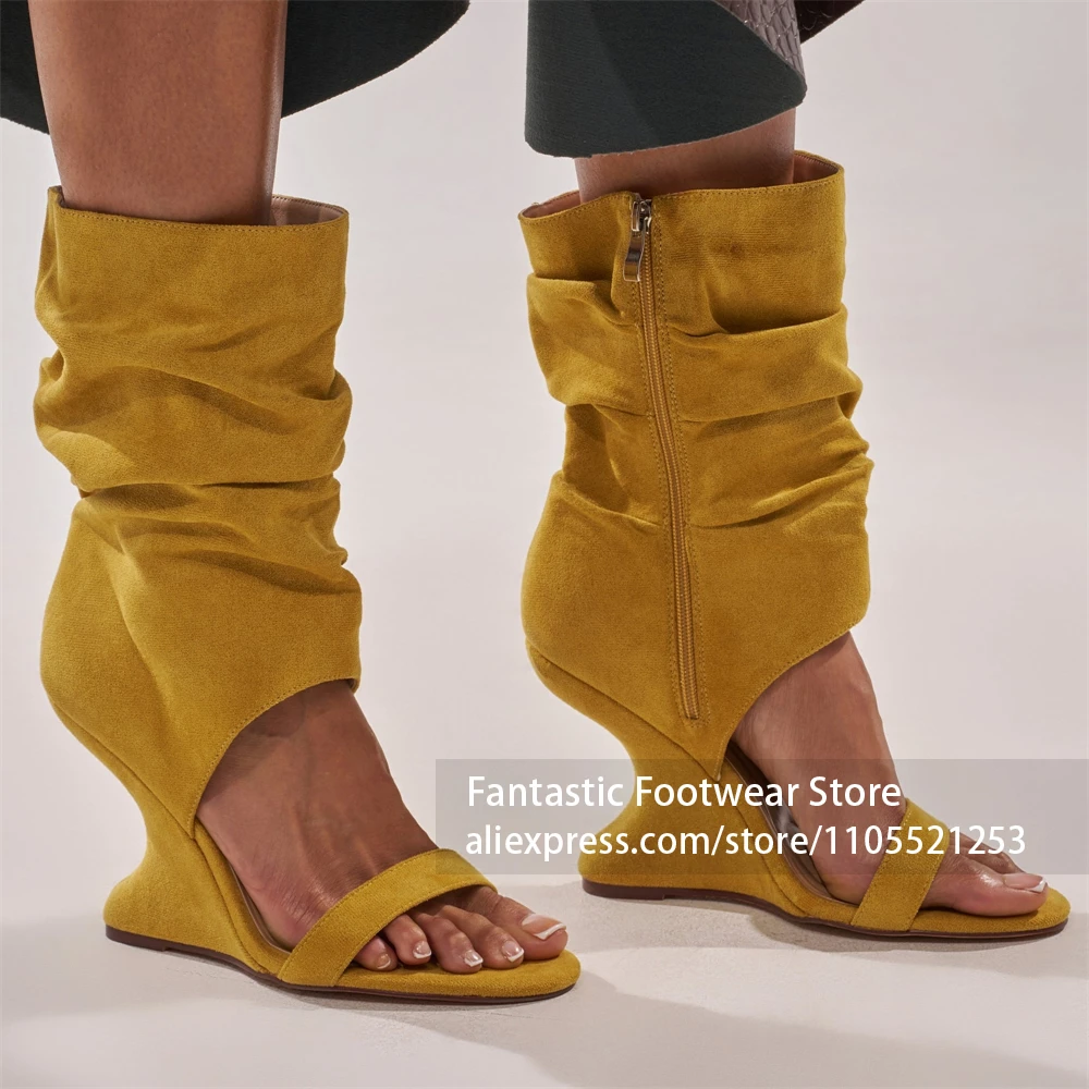 Cut Out Open Side Shaft Boot Sculpted Special-Shaped Wedge Heel Novelty Heel Women Boots Single Toe Strap Open Toe Mid Calf Boot