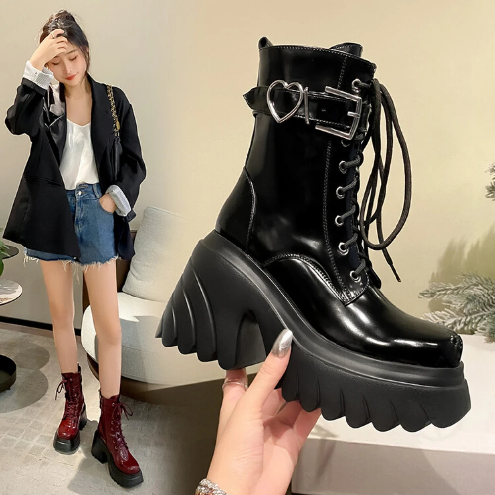 Wine Red Women Motorcycle Boots Platform Chunky Heel Ankle Boots Fashion Buckle Gothic Style Modern Boots High Heels Short Boots