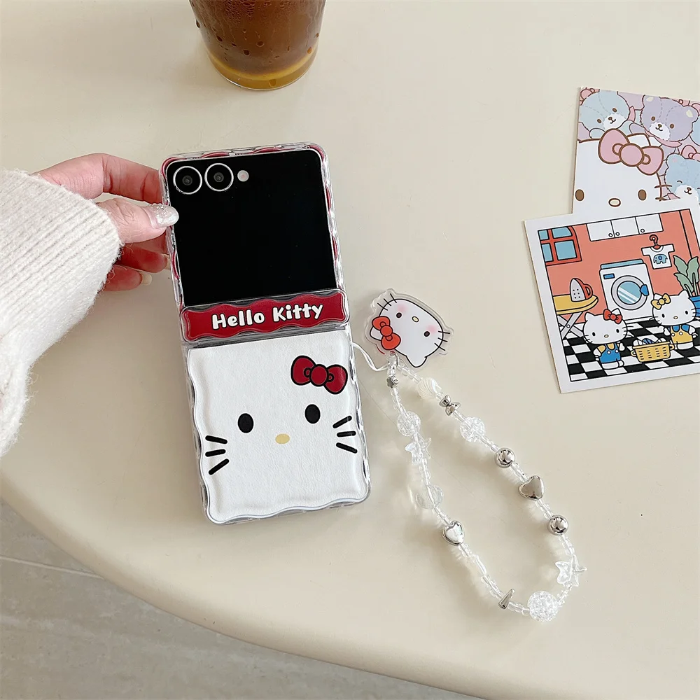 

Korean Simple Hellokitty Phone Case for Samsung Galaxy Z Flip6 7 Flip5 6 Flip7 7 FE 6 5 4 Leather Cover Kawaii Funda with Hinge