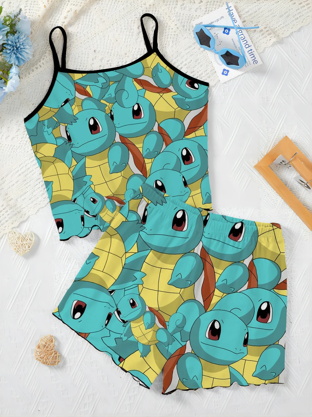 Pokémon Elegant Women's Sets for Women 2 Pieces Slip Dress Top Squirtle Charizard Pajama Skirt Lettuce Trim T-shirt Short Suit