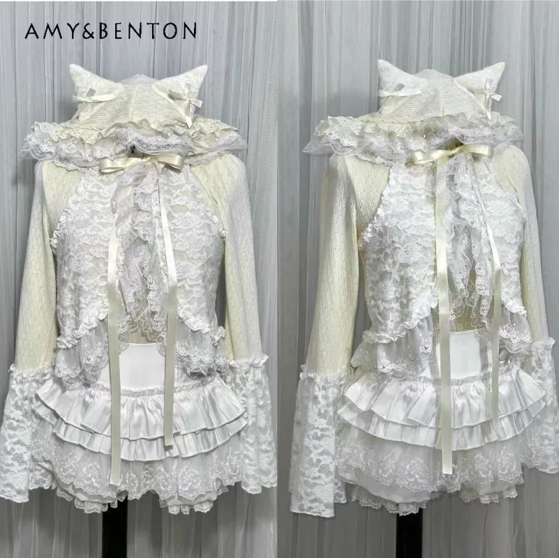 Cardigan court gothique en dentelle pour fille, manches cloche imprimées, à volants, col en v, Style Lolita japonais, tricoté à capuche, fin