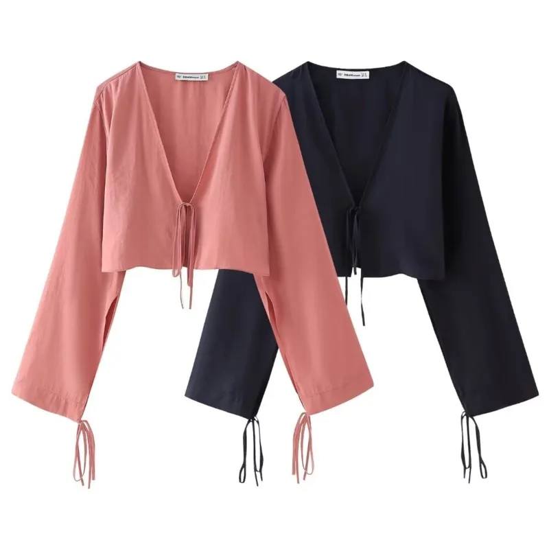 

Bow Embellished Draped Short Shirt Women Summer Lace Up Sexy Short Shirts & Blouses Bow Embellished Lightweight V Neck Shirt