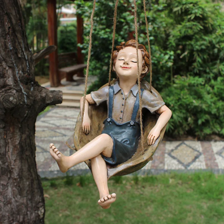 1pc Swing Boy Statue Garden Accessories with Leisurely Atmosphere Resin Sculpture Ornament for Hom Office Desktop Living Rom Bok