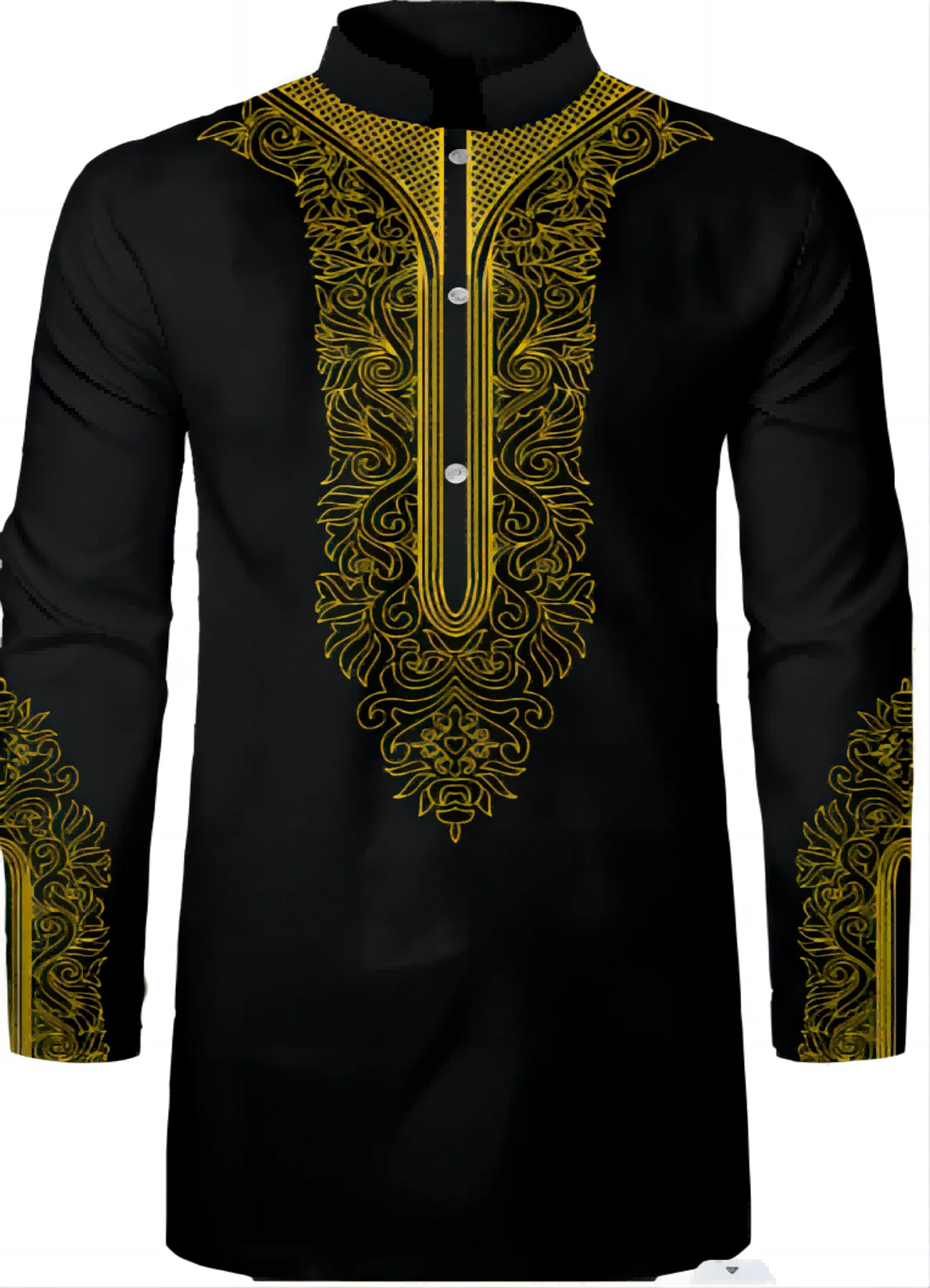 Gold Pattern Men\'s Muslim Abaya 2 Piece Suit Embroidered Long Sleeve Top Long Pants Ethnic Casual Wear Dress Set