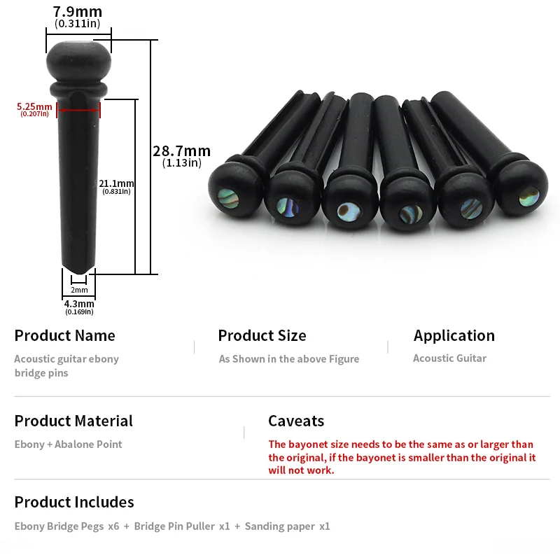 6pcs Ebony Guitar Bridge Pin Set Abalone Dot Inlay for 6 String Acoustics Includes Bridge Pin Puller view 2