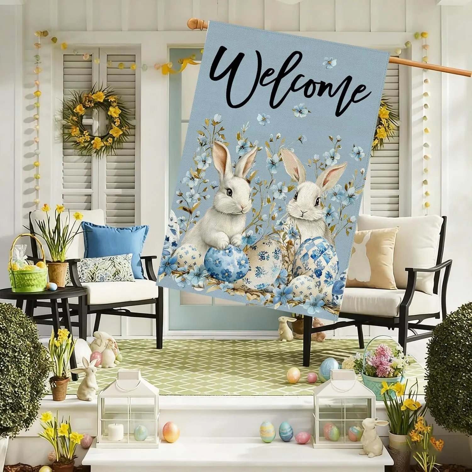 Baccessor Easter Bunny House Flag Burlap Double Sided 28x40 Inch Outside, Easter Rabbits Blue Floral Large Garden Flag Sprin AAS
