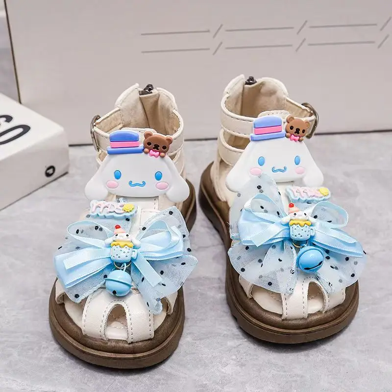 

Детские сандалии Sanrio Cinnamoroll, детские римские сандалии Kawaii для девочек, летние мягкие пляжные туфли принцессы на плоской подошве с высоким берцем и боковой молнией