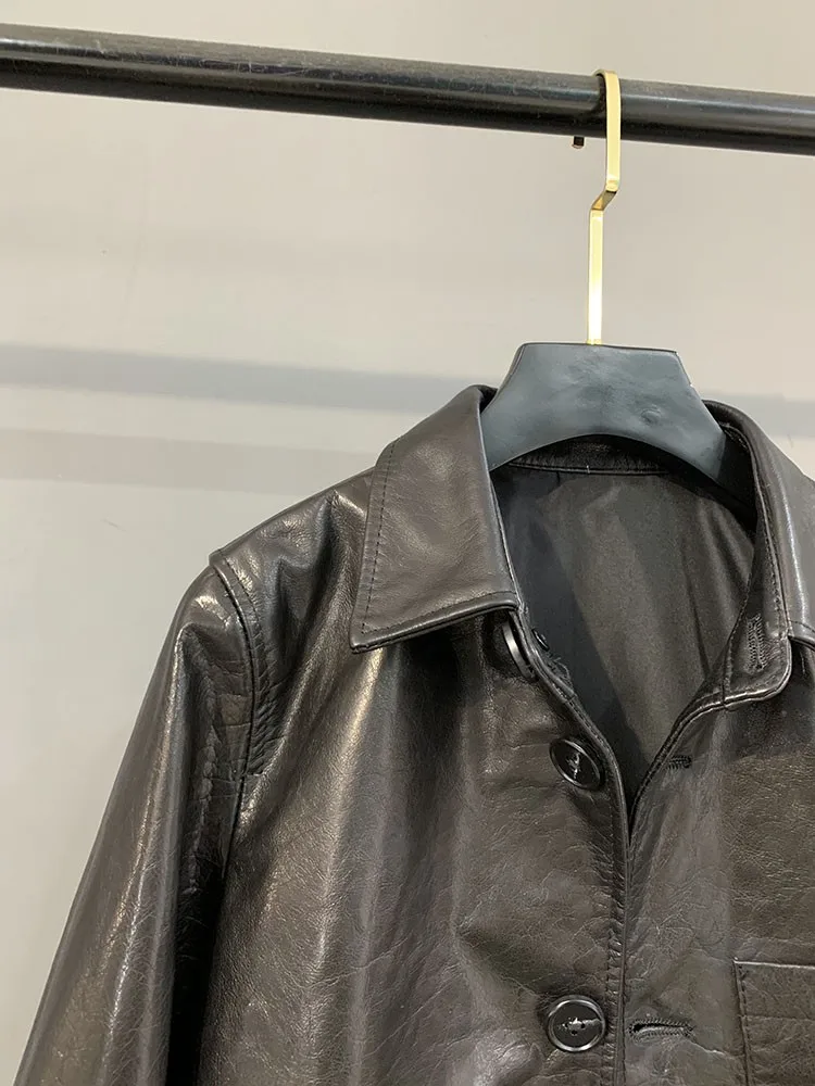 New Fashion Autumn Women Single Breasted Genuine Leather Jacket Loose Fit Oil Wax Turn Down Collar Office Lady Casual Outerwear